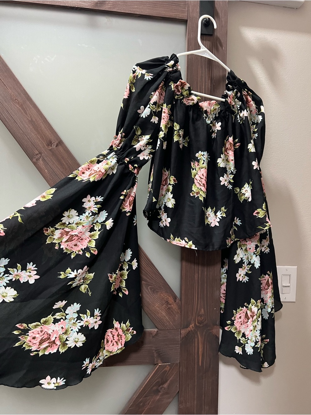 Truth Black Floral Off-Shoulder Blouse with Pink & White Blooms